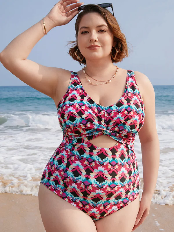 Limited Stock Geometric Print Cut Out Twist Front One Piece Swimsuit