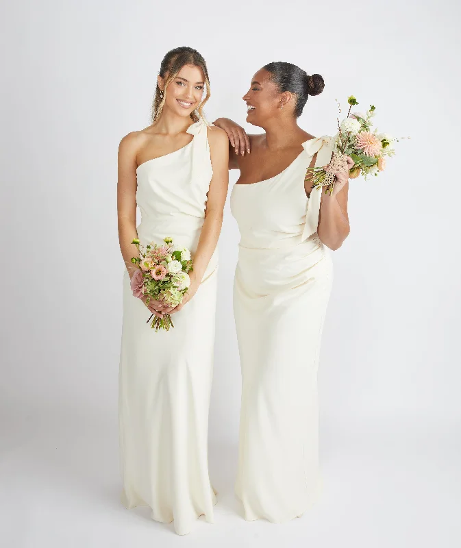 Great Deals Bow One Shoulder Gathered Crepe Bridesmaid Dress - Almond