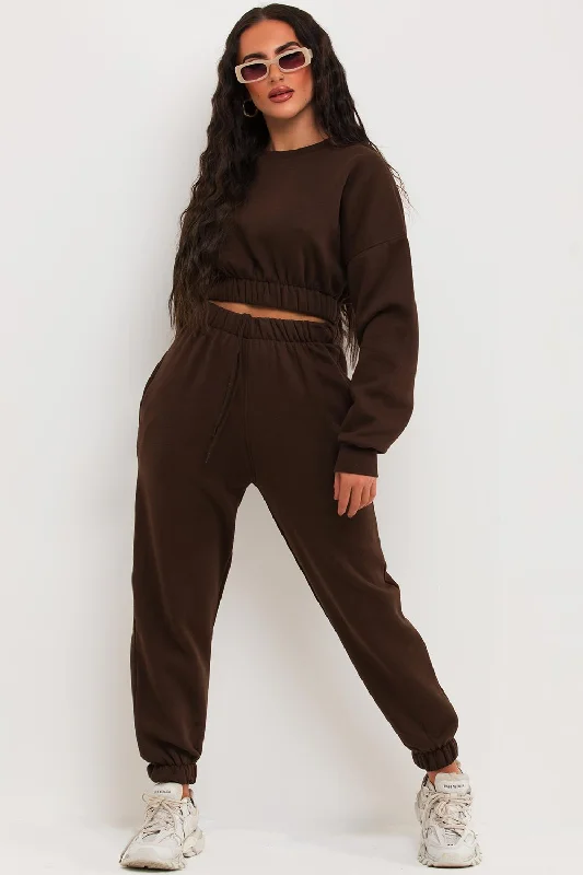 Hurry In Crop Sweatshirt And Joggers Tracksuit Brown