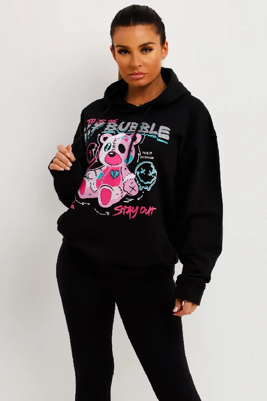Instant Discount Black Oversized Hoodie With Teddy Bear Bubble Graphics