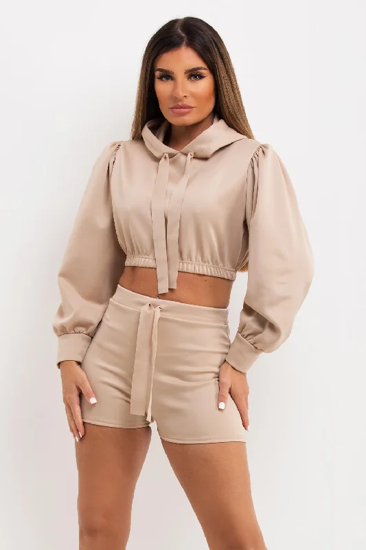 Special Promotion Crop Hoodie And Shorts Co Ord Set Beige