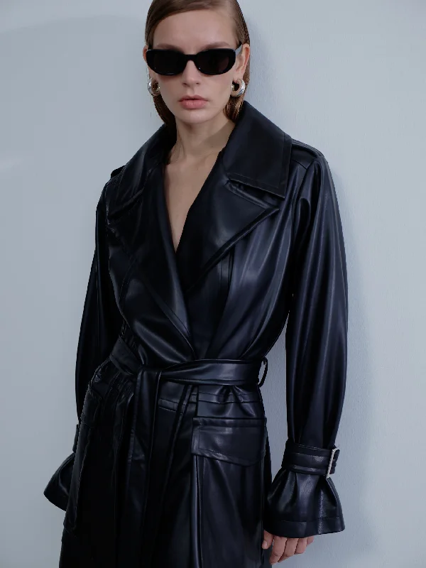 Stock Clearance Cecile Vegan Leather Trenchcoat in Noire