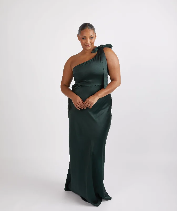 Warehouse Sale Bow One Shoulder Satin Bridesmaid Dress - Emerald