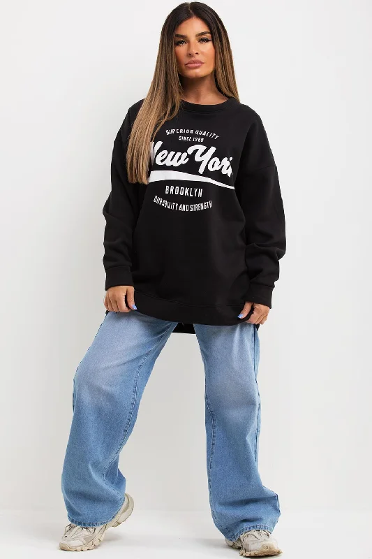Grand Opening Sale Sweatshirt With New York Slogan Oversized Fit Black