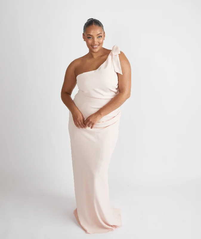 New Deals Bow One Shoulder Gathered Crepe Bridesmaid Dress - Blush