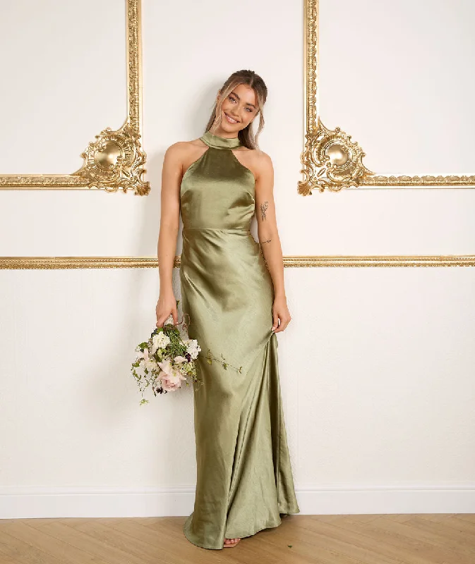 Online Specials Halter Neck Satin Bridesmaid Dress - Moss Green