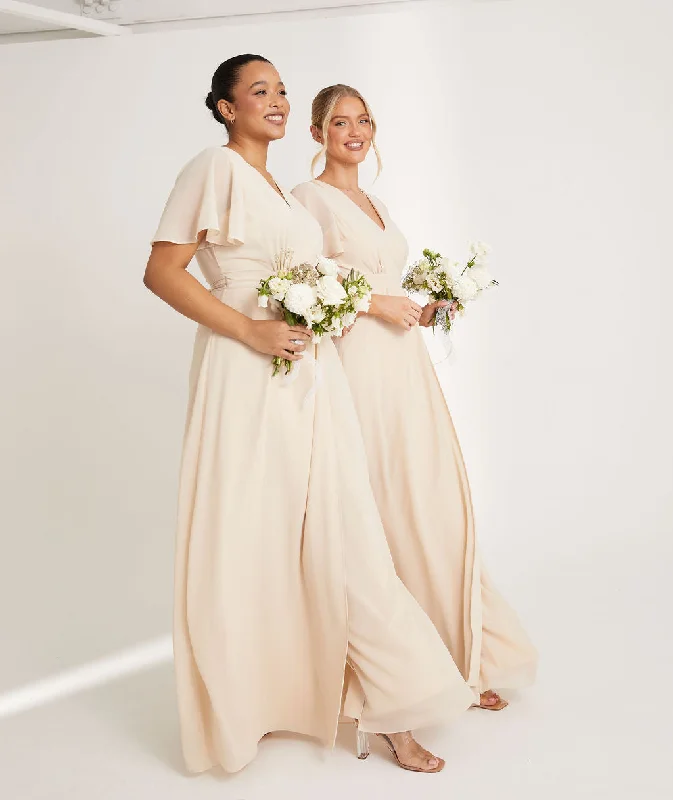 Early Access Flutter Sleeve Wrap Tie Chiffon Bridesmaid Dress - Butter Cream