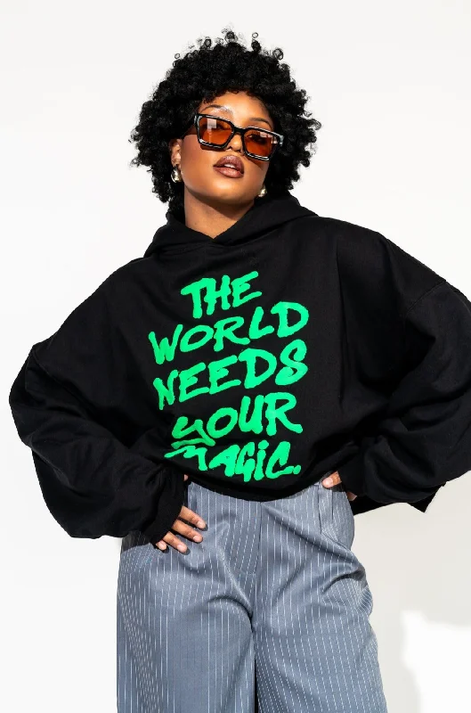 Loyalty Reward Energy Doesn’t Lie Cropped Hoodie in The World Needs Your Magic Puff Print Loyalty Reward Energy Doesn’t Lie Cropped Hoodie in The World Needs Your Magic Puff Print
