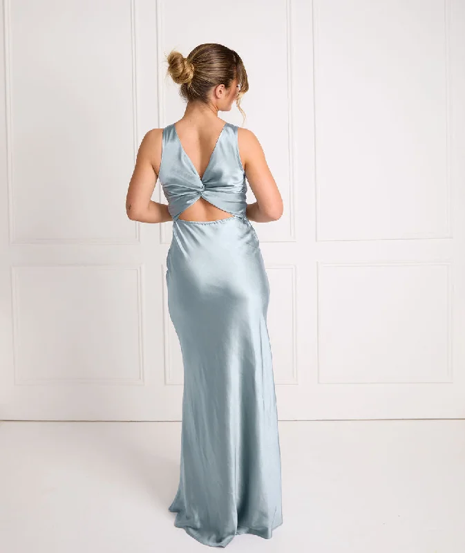 Lowest Price Twist Back Satin Bridesmaid Dress - Dusty Blue