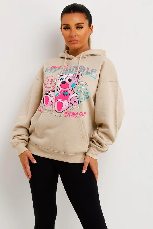 Early Access Beige Oversized Hoodie With Teddy Bear Bubble Graphics