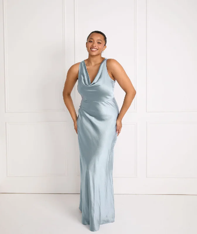 Exclusive Deal Cowl Front Satin Bridesmaid Dress - Dusty Blue