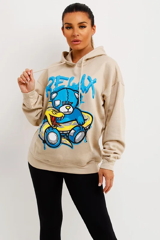 Bargain Prices Beige Oversized Hoodie With Teddy Bear Relax Graphics