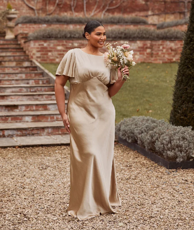 Limited Stock Gathered Bust Flutter Sleeve Satin Bridesmaid Dress - Champagne