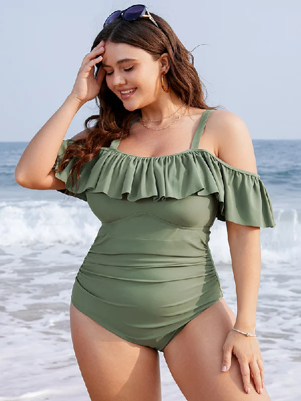 Weekend Deal Ruffles Trim Sculpt Waist Cold Shoulder One Piece Swimsuit