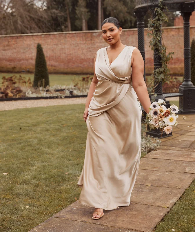 Holiday Sale Plunge Drape Detail Satin Bridesmaid Dress - Champagne