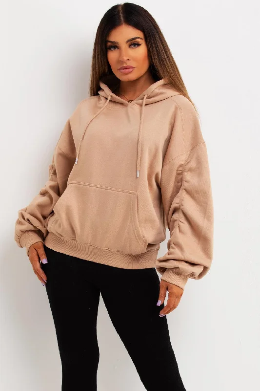 Weekend Deal Hoodie With Ruched Sleeves Beige