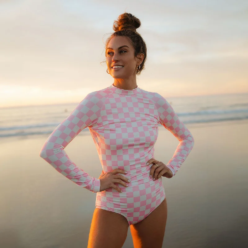Discount Extravaganza Pink Check Long Sleeve Rash Guard One-Piece