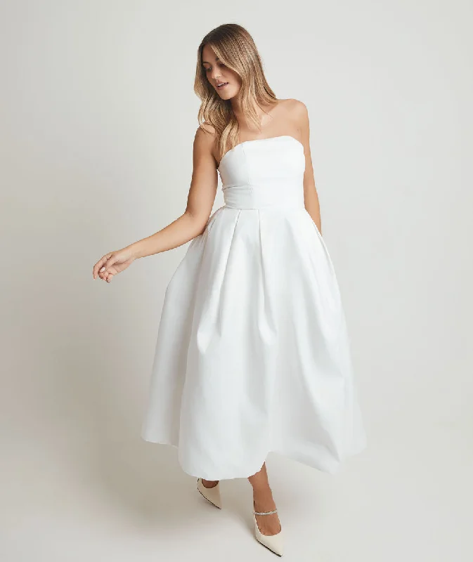 Low Prices Strapless Bow Back Pleated Midi Dress - White