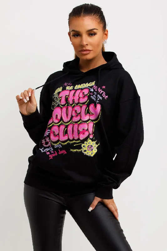 Final Markdown Black Oversized Hoodie With Lovely Club Graphic Slogan