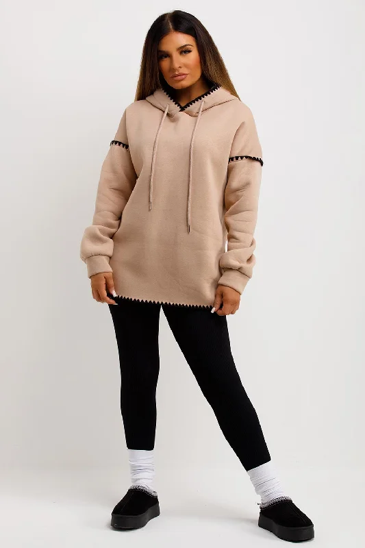Weekend Deal Beige Oversized Hoodie With Contrast Stitching Detail