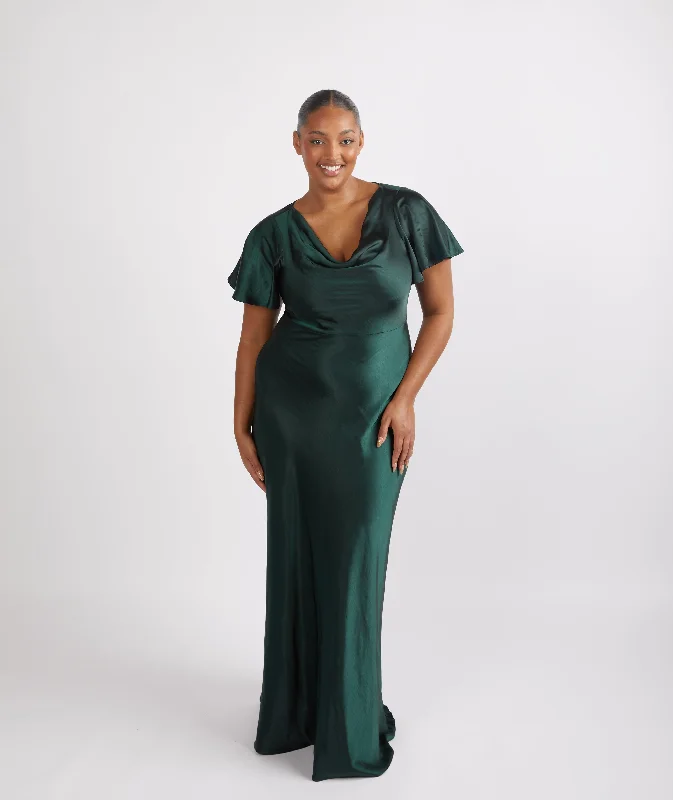 Grand Opening Sale Cowl Front Satin Short Sleeve Bridesmaid Dress - Emerald