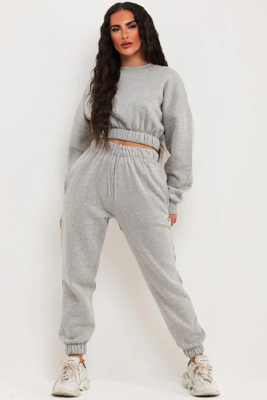 Now or Never Crop Sweatshirt And Joggers Tracksuit Grey