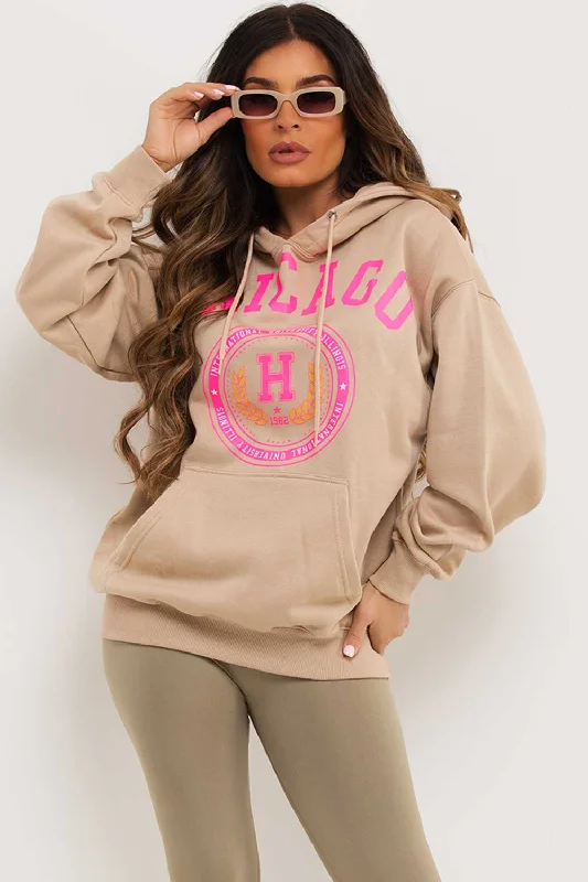 Overstock Beige Oversized Hoodie With Chicago Print
