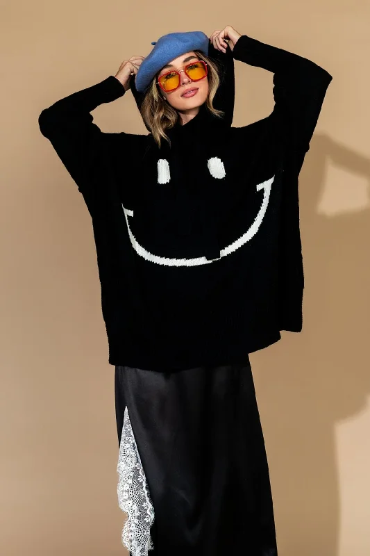 Amazing Deals Serotonin Smile Oversized Knit Hoodie in Black