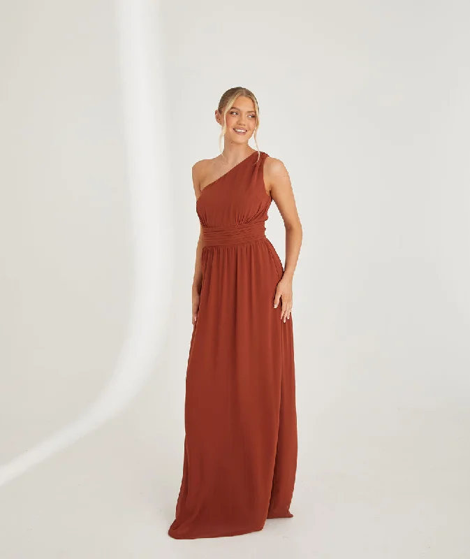 Weekend Flash Sale One Shoulder Pleated Waist Chiffon Bridesmaid Dress - Rust
