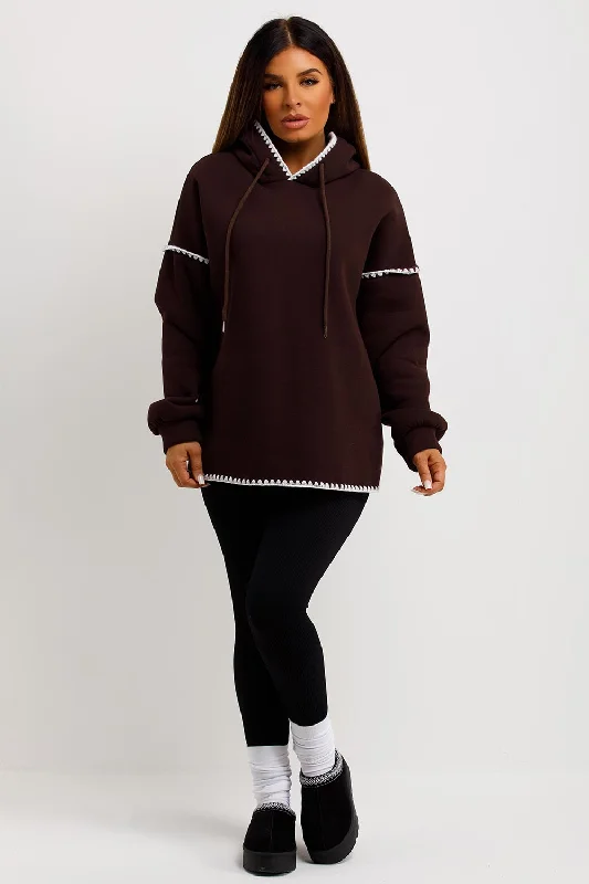 Time-Limited Offer Brown Oversized Hoodie With Contrast Stitching Detail