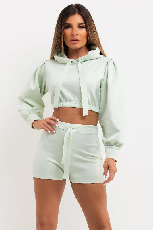 Stock Up and Save Crop Hoodie And Shorts Co Ord Set Mint Green