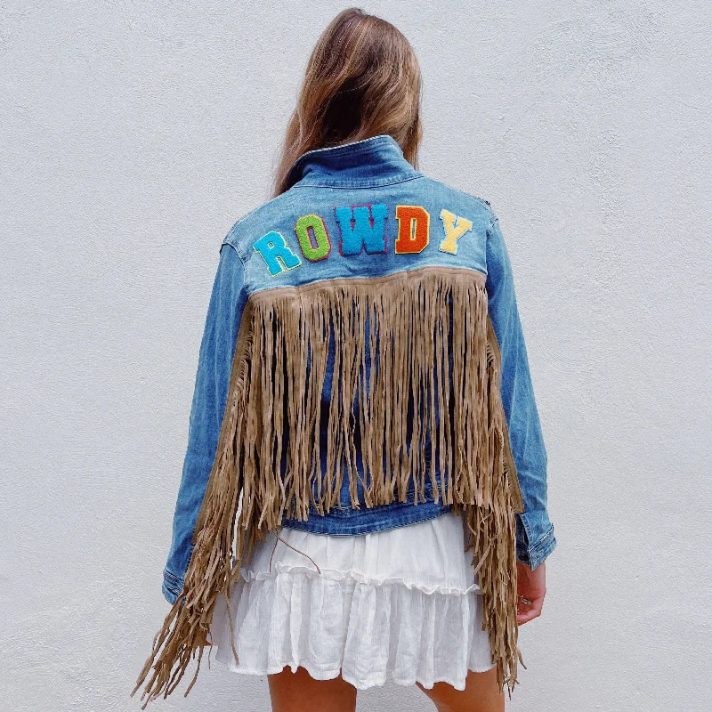 Closeout ROWDY Denim Brown Leather Fringe Jacket