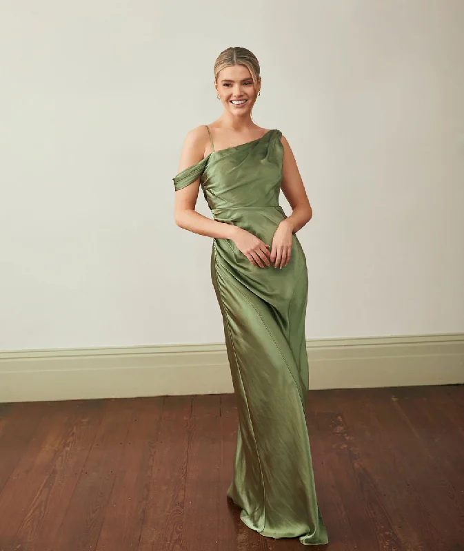 Unbeatable Prices Asymmetrical Bardot Strap Satin Bridesmaid Dress - Moss Green