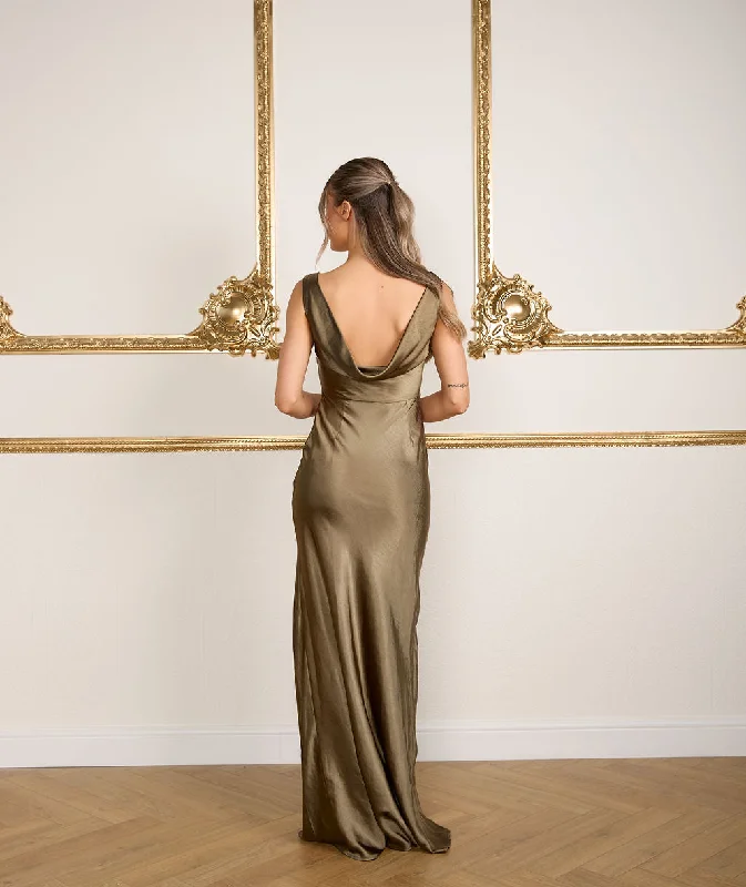 Seasonal Clearance Cowl Back Satin Bridesmaid Dress - Olive