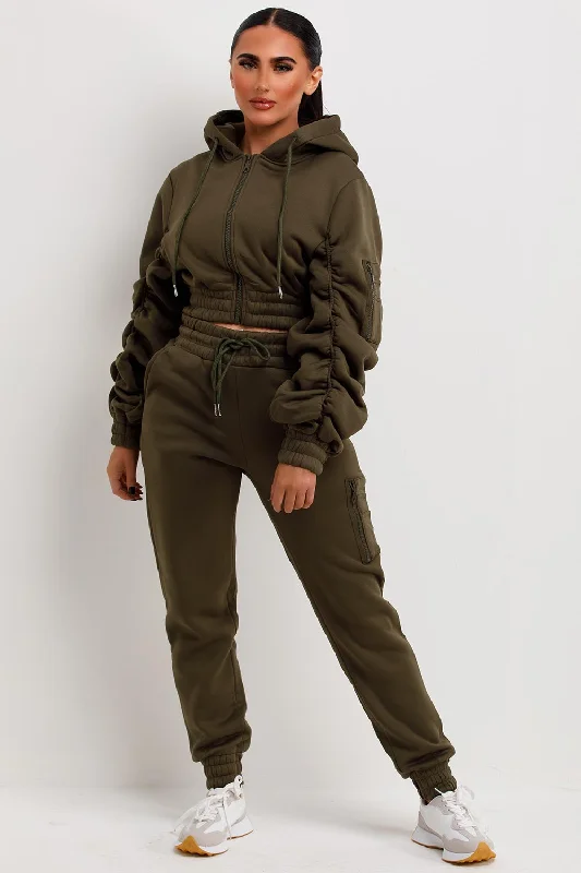 Instant Savings Ruched Sleeve Hoodie And Joggers Loungewear Set Khaki