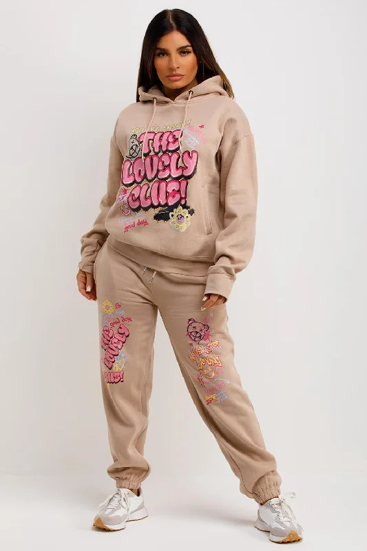 Extra Discounts Tracksuit Hoodie Joggers Set With Graphic Print Beige