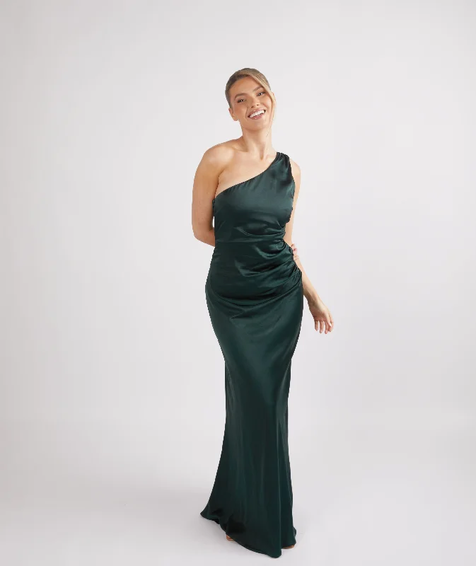 Exclusive Online Offer One Shoulder Satin Ruched Bridesmaid Dress - Emerald