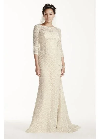 Online Only Oleg Cassini Beaded Lace 3/4 Sleeved Wedding Dress