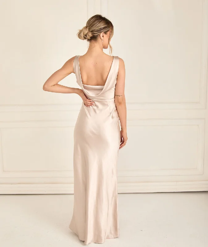 Super Deal Cowl Back Satin Bridesmaid Dress - Oyster