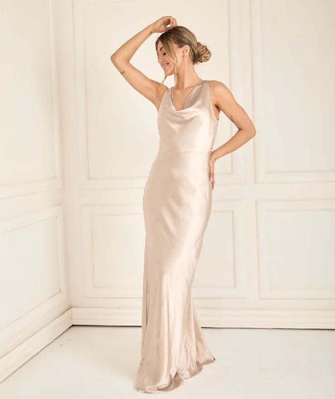 Early Access Cowl Front Satin Bridesmaid Dress - Oyster
