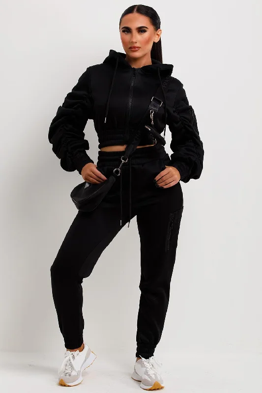 Price Blitz Ruched Sleeve Hoodie And Joggers Loungewear Set Black