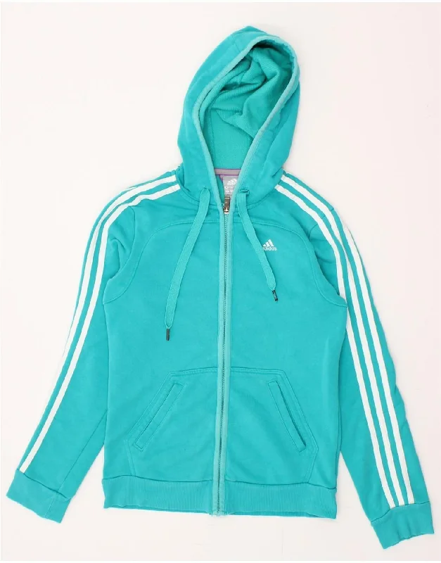 Don't Wait ADIDAS Womens Zip Hoodie Sweater UK 4/6 XS Blue Cotton