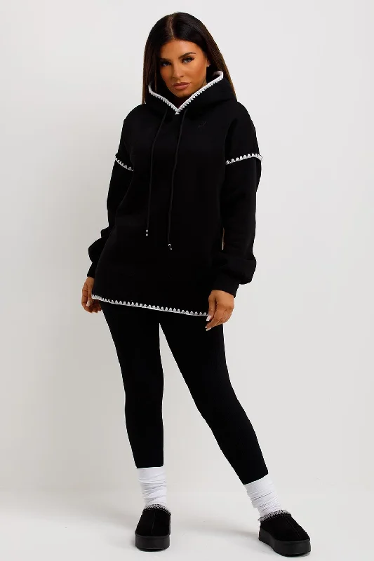 Deal of the Day Black Oversized Hoodie With Contrast Stitching Detail