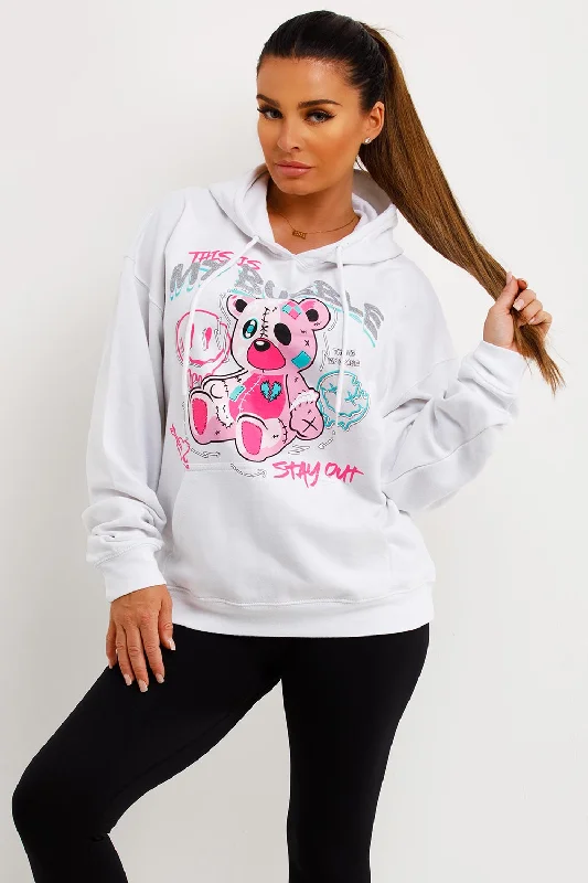 Midnight Madness White Oversized Hoodie With Teddy Bear Bubble Graphics