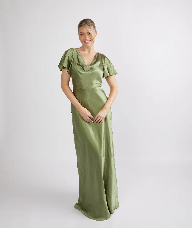 Inventory Reduction Cowl Front Satin Short Sleeve Bridesmaid Dress - Moss Green