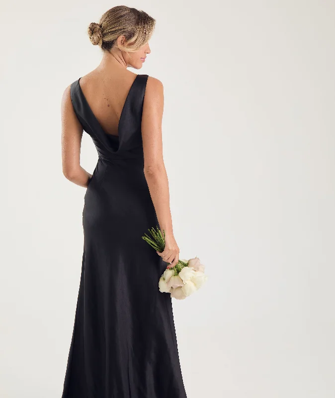 Seasonal Sale Cowl Back Satin Bridesmaid Dress - Black