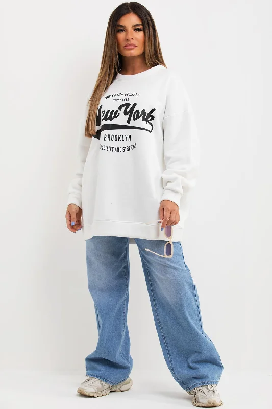 Instant Savings Sweatshirt With New York Slogan Oversized Fit Cream