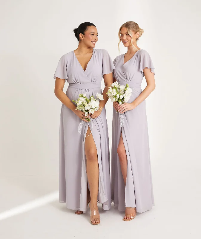 Shop and Save Flutter Sleeve Wrap Tie Chiffon Bridesmaid Dress - Dusty Lilac
