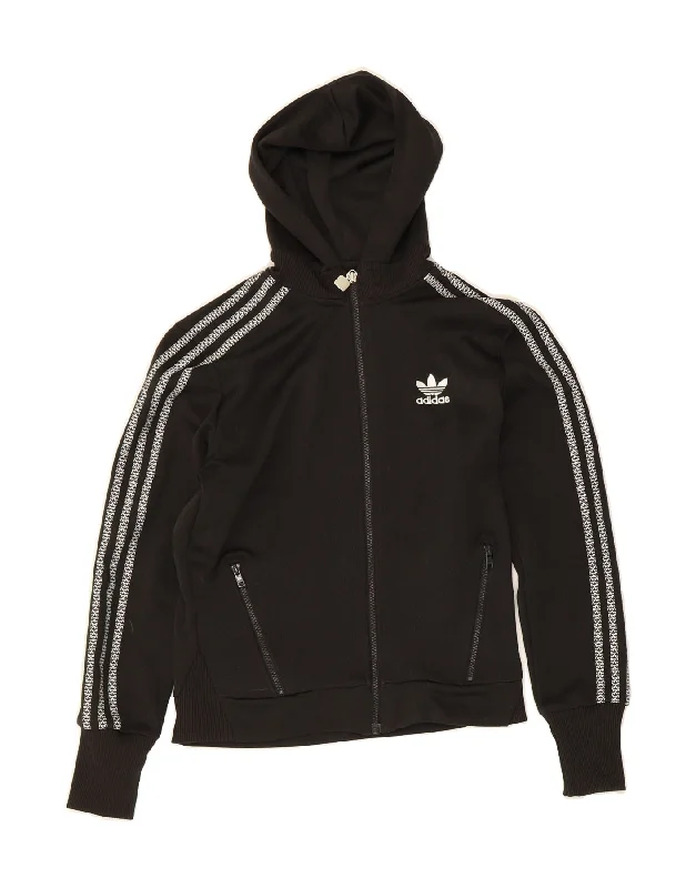 Online Only ADIDAS Womens Graphic Zip Hoodie Sweater EU 42 Medium Black Polyester