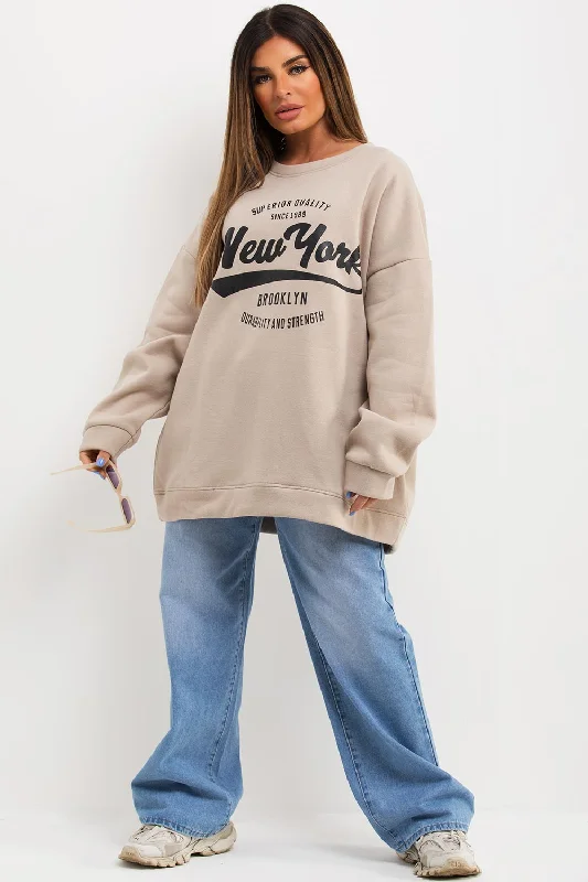 Inventory Reduction Sweatshirt With New York Slogan Oversized Fit Beige